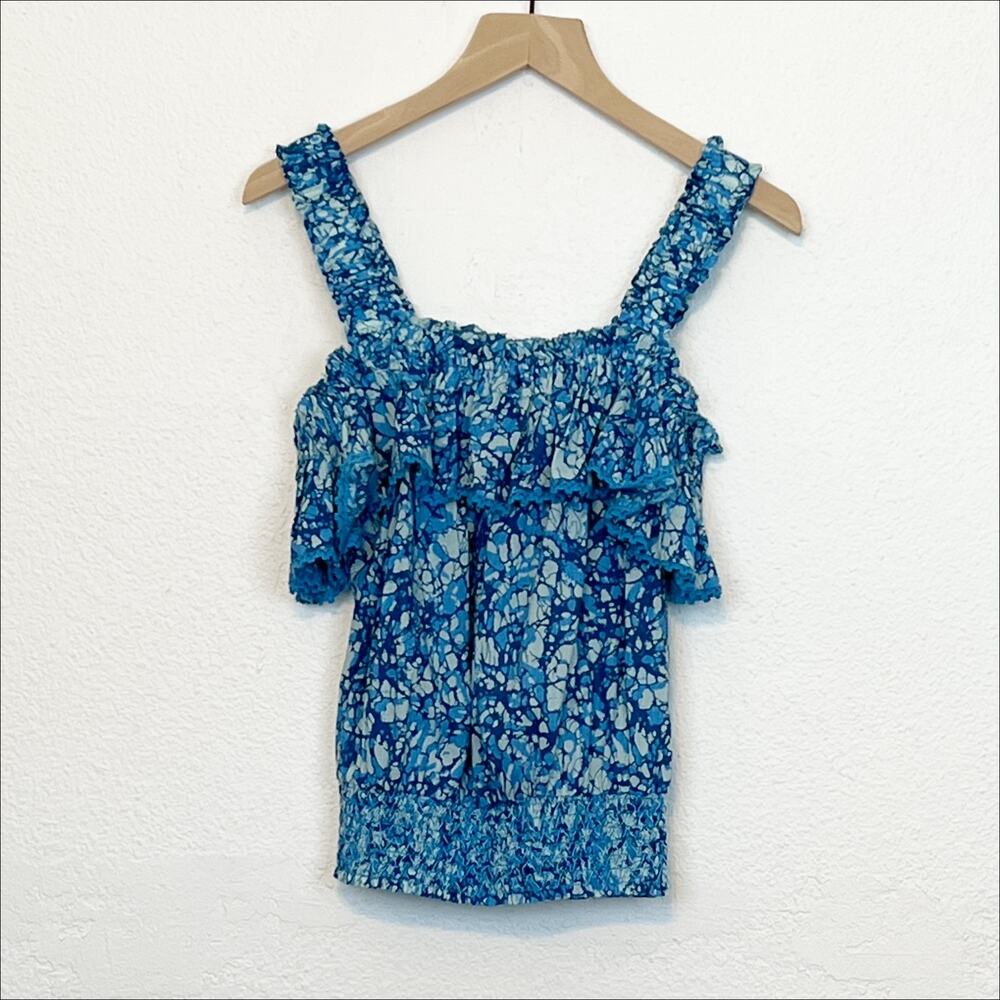 NWT House Of Harlow 1960 Smocked Ruffle Sleeveless Blouse Martine Blue Small